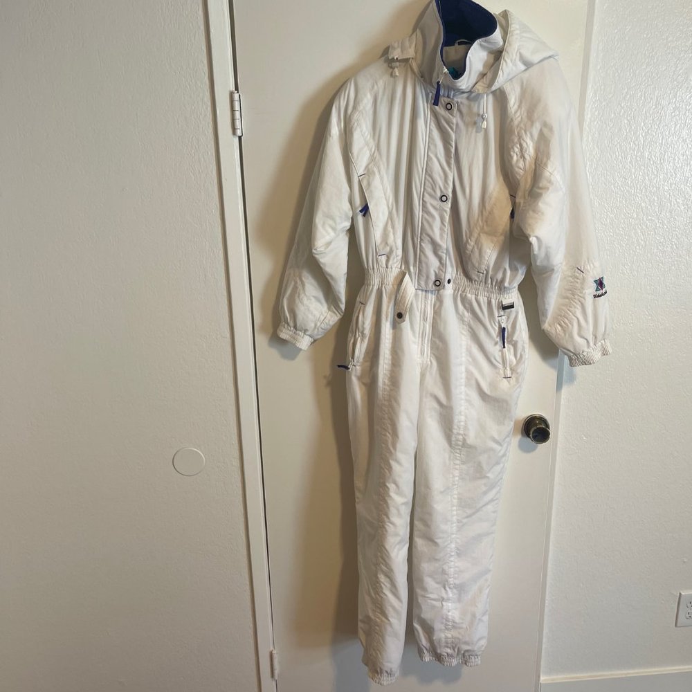 Vintage Edelweiss women's ski Snow suit size 12 White, Teal, Purple